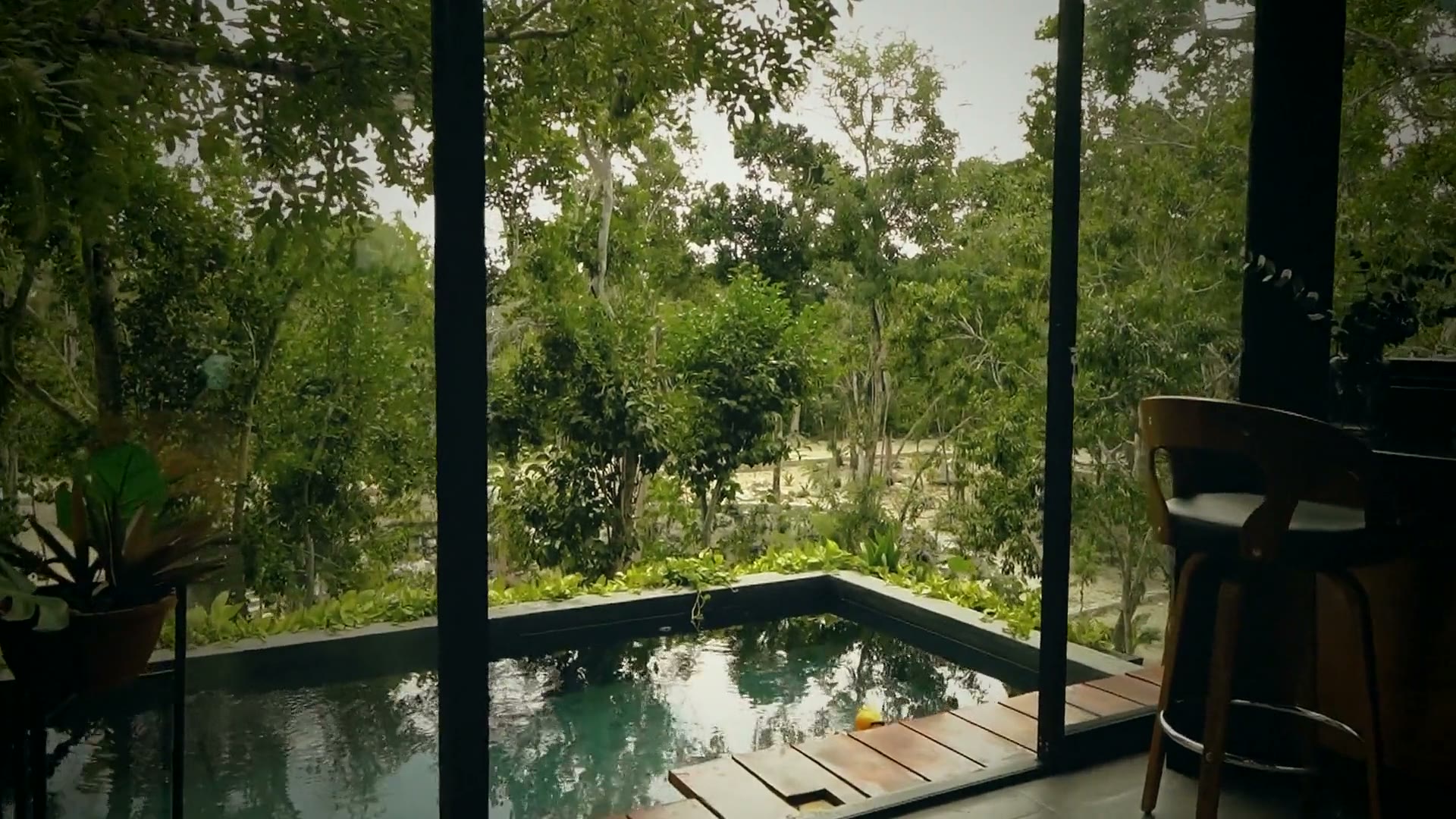 A Cloud Room deck looking out over the plunge pool into the trees.